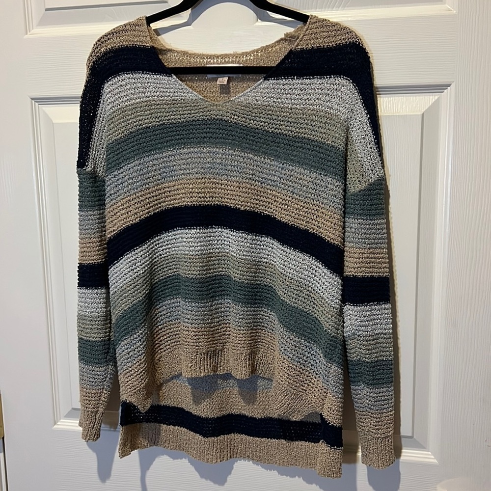 Knox Rose‎ Vneck Knit Coastal Colored Striped Boxy Sweater Top, Sz Large